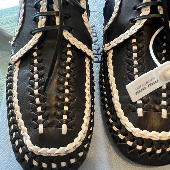 Prada Black/White woven Lace-Up Loafer Moccasins *New with Tags* - Picture 3 of 9